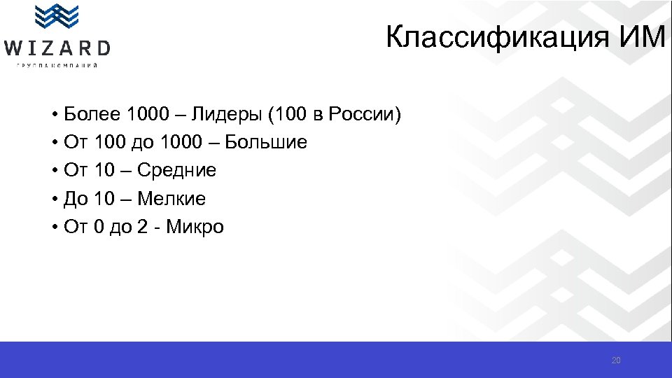 Классификация ИМ • Более 1000 – Лидеры (100 в России) • От 100 до