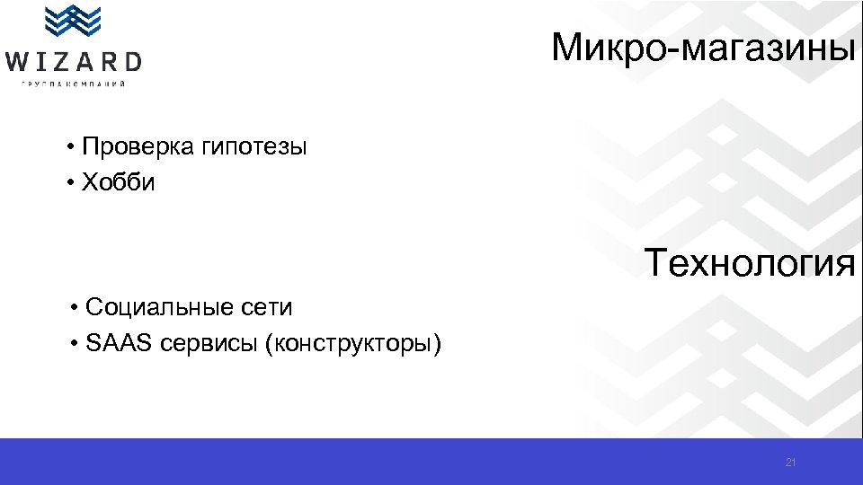 Микро-магазины • Проверка гипотезы • Хобби Технология • Социальные сети • SAAS сервисы (конструкторы)