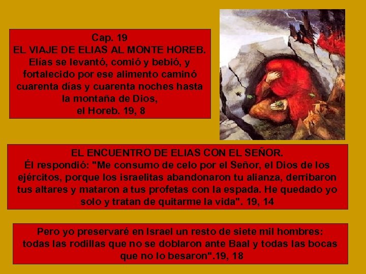 Cap. 19 EL VIAJE DE ELIAS AL MONTE HOREB. Elías se levantó, comió y