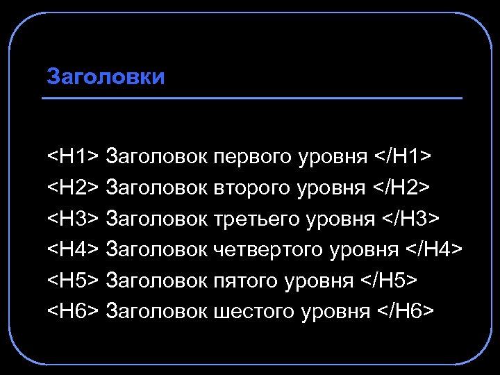 Заголовки <H 1> Заголовок первого уровня </H 1> <H 2> Заголовок второго уровня </H