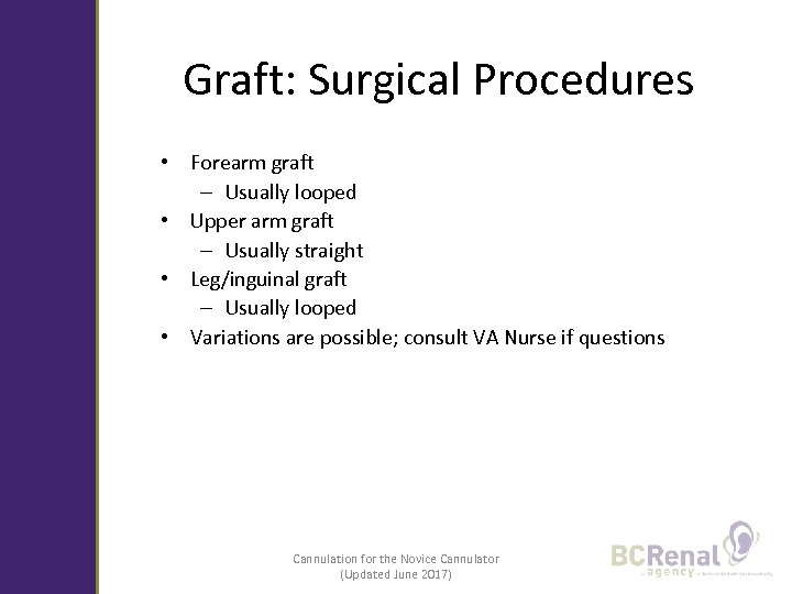 Graft: Surgical Procedures • Forearm graft – Usually looped • Upper arm graft –