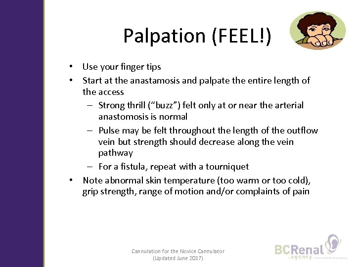 Palpation (FEEL!) • Use your finger tips • Start at the anastamosis and palpate