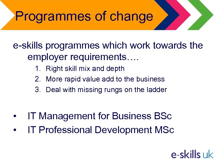 Programmes of change e-skills programmes which work towards the employer requirements…. 1. Right skill