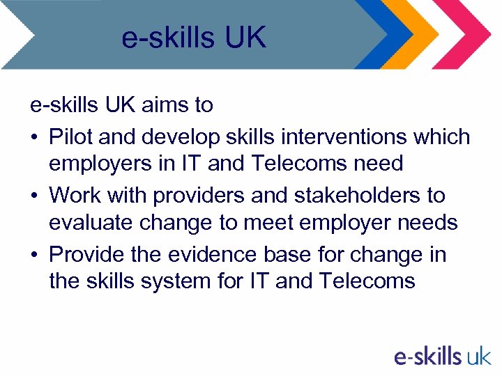 e-skills UK aims to • Pilot and develop skills interventions which employers in IT
