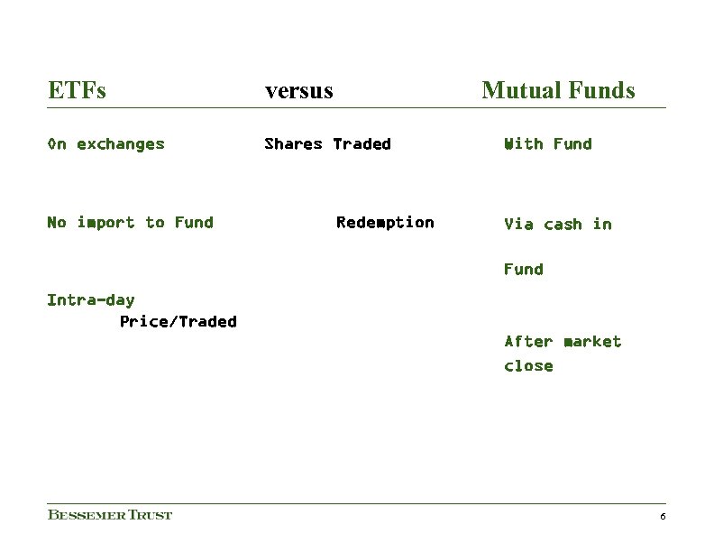 ETFs versus On exchanges Shares Traded No import to Fund Mutual Funds Redemption With