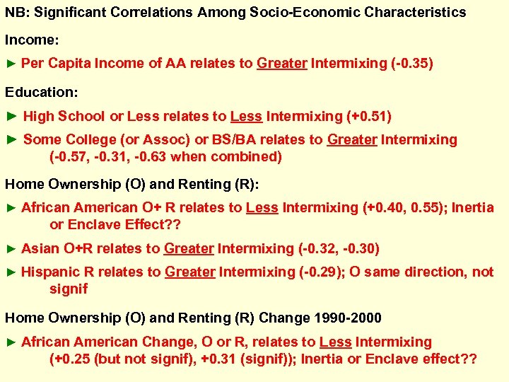 NB: Significant Correlations Among Socio-Economic Characteristics Income: ► Per Capita Income of AA relates