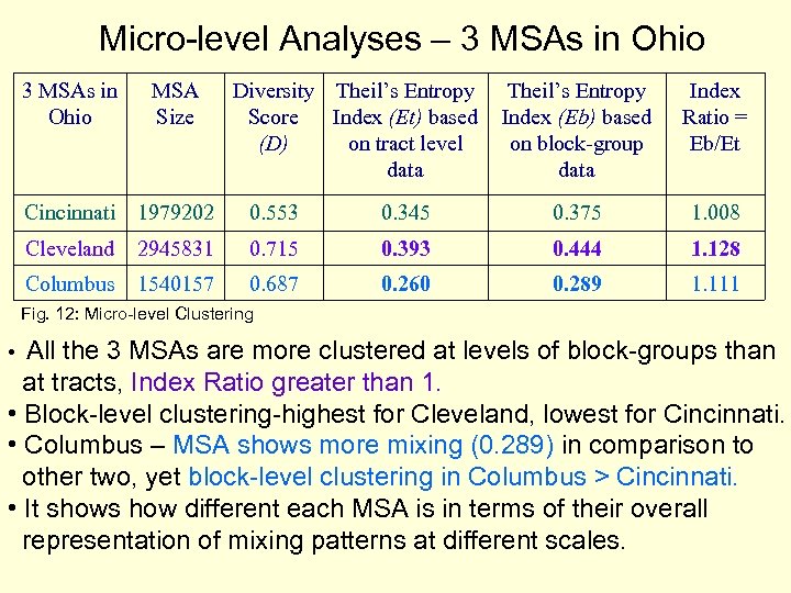 Micro-level Analyses – 3 MSAs in Ohio MSA Size Diversity Theil’s Entropy Score Index