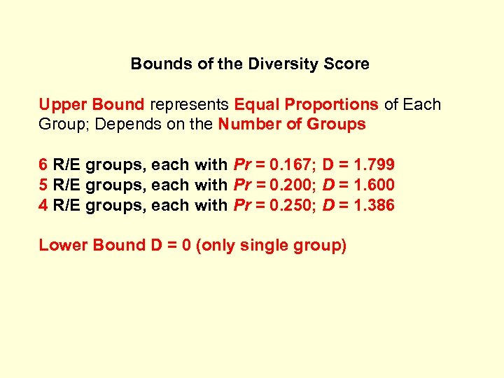 Bounds of the Diversity Score Upper Bound represents Equal Proportions of Each Group; Depends