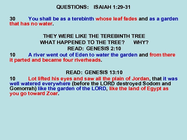 QUESTIONS: ISAIAH 1: 29 -31 30 You shall be as a terebinth whose leaf
