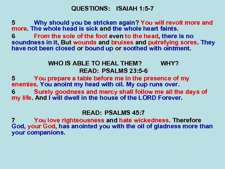 QUESTIONS: ISAIAH 1: 5 -7 5 Why should you be stricken again? You will