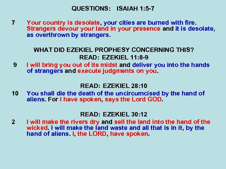 QUESTIONS: ISAIAH 1: 5 -7 7 9 Your country is desolate, your cities are
