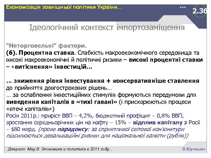 Економізація зовнішньої політики України… 2. 3 б Ідеологічний контекст імпортозаміщення “Неторговельні” фактори. (6). Процентна
