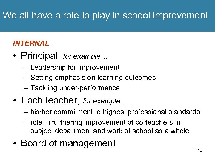 We all have a role to play in school improvement INTERNAL • Principal, for