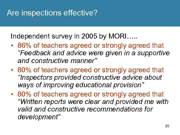 Are inspections effective? Independent survey in 2005 by MORI…. . • 86% of teachers