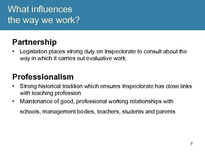 What influences the way we work? Partnership • Legislation places strong duty on Inspectorate