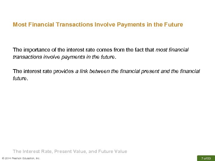 Most Financial Transactions Involve Payments in the Future The importance of the interest rate