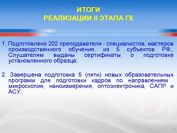 ИТОГИ РЕАЛИЗАЦИИ II ЭТАПА ГК 1. Подготовлено 202 преподавателя - специалистов, мастеров производственного обучения,