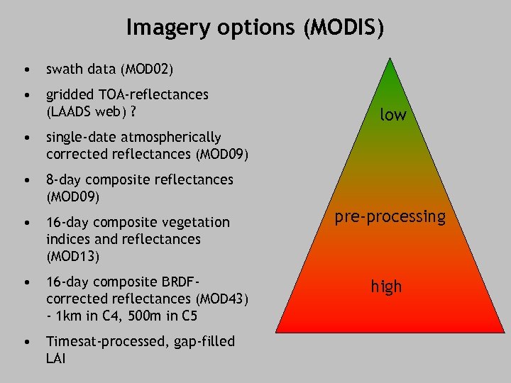 Imagery options (MODIS) • swath data (MOD 02) • gridded TOA-reflectances (LAADS web) ?