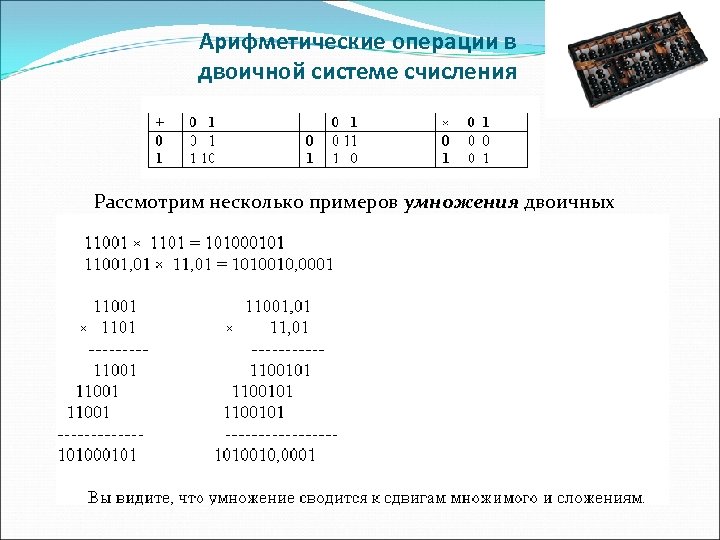 Арифметические операции в двоичной системе счисления Рассмотрим несколько примеров умножения двоичных умножения чисел: 