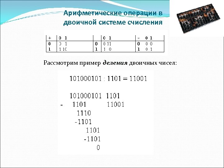 Арифметические операции в двоичной системе счисления Рассмотрим пример деления двоичных чисел: деления 