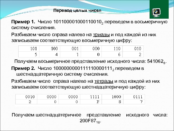Перевод целых чисел Пример 1. Число 101100001100102 переведем в восьмеричную систему счисления. Разбиваем число