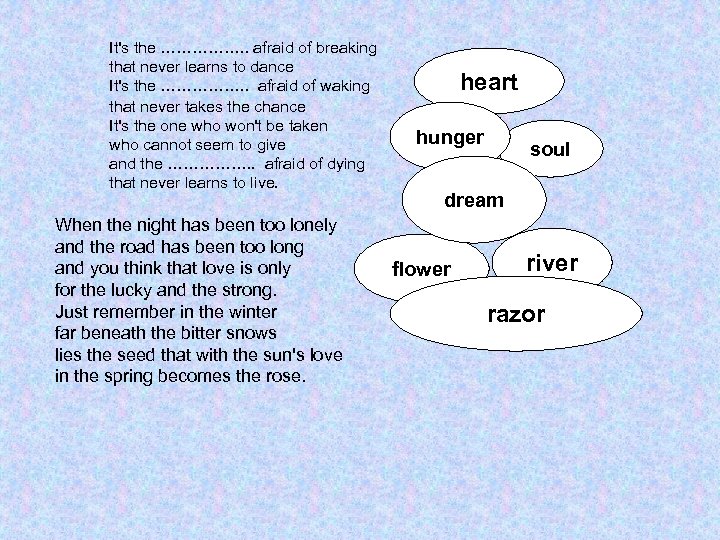 It's the ……………. . afraid of breaking that never learns to dance It's the