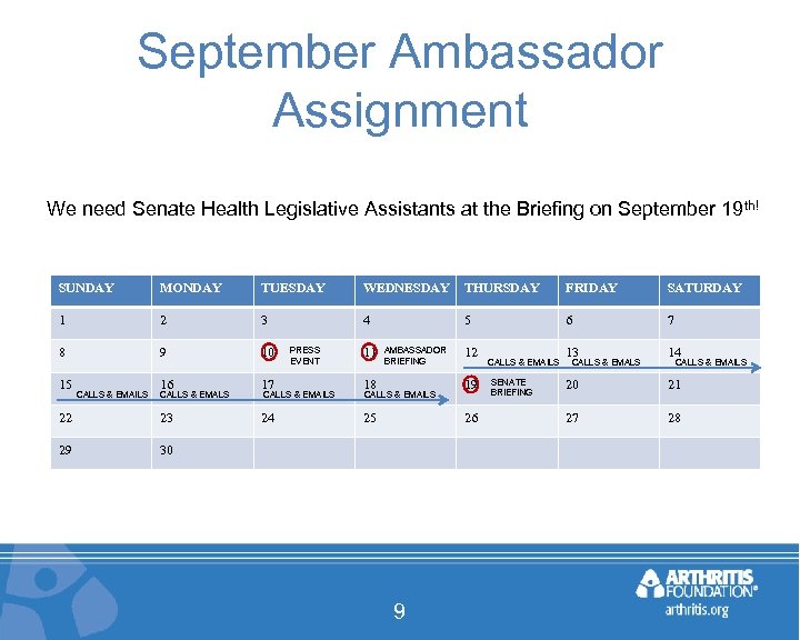 September Ambassador Assignment We need Senate Health Legislative Assistants at the Briefing on September