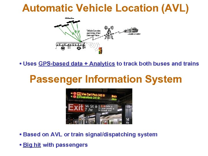 Automatic Vehicle Location (AVL) • Uses GPS-based data + Analytics to track both buses