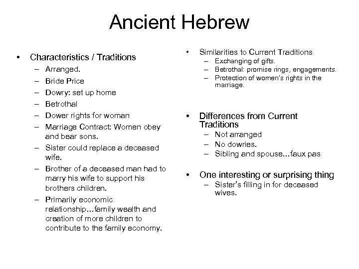 Ancient Hebrew • Characteristics / Traditions – – – Arranged. Bride Price Dowry: set