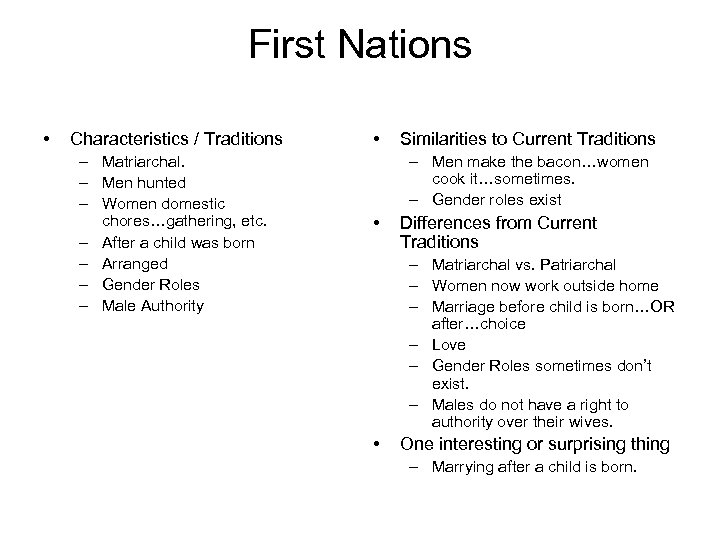 First Nations • Characteristics / Traditions – Matriarchal. – Men hunted – Women domestic