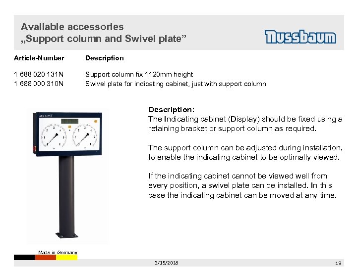 Available accessories „Support column and Swivel plate” Article-Number Description 1 688 020 131 N