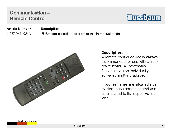 Communication – Remote Control Article-Number Description 1 687 246 021 N IR-Remote control, to