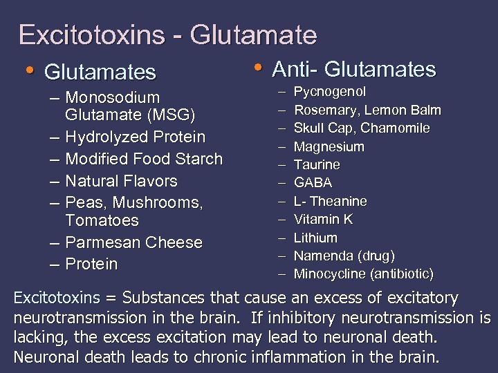 Excitotoxins - Glutamate • Anti- Glutamates • Glutamates – Monosodium Glutamate (MSG) – Hydrolyzed