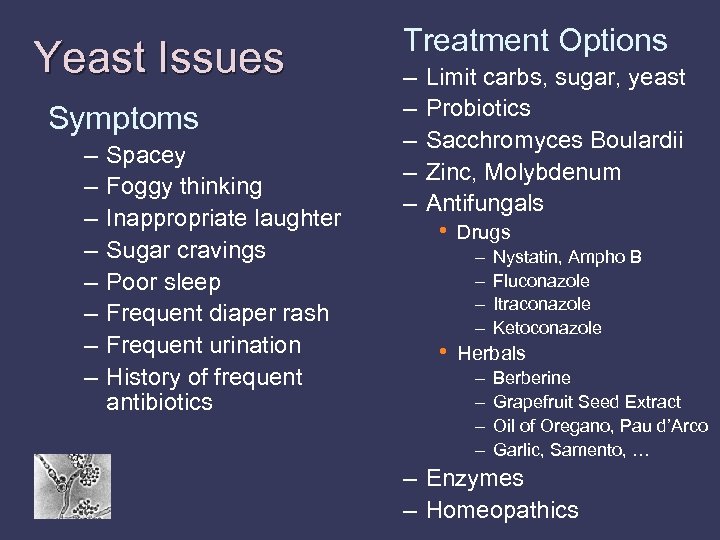 Yeast Issues Symptoms – – – – Spacey Foggy thinking Inappropriate laughter Sugar cravings