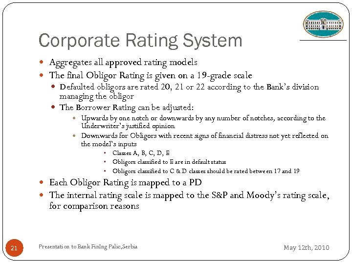 Corporate Rating System Aggregates all approved rating models The final Obligor Rating is given