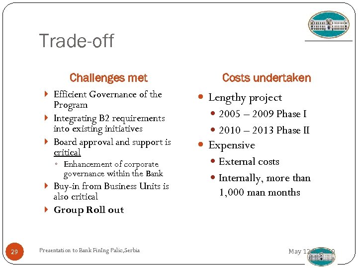 Trade-off Challenges met Efficient Governance of the Program Integrating B 2 requirements into existing