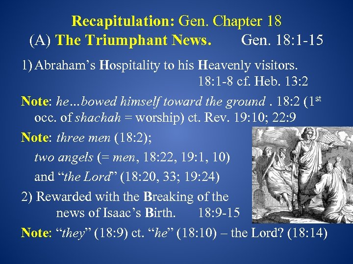 Recapitulation: Gen. Chapter 18 (A) The Triumphant News. Gen. 18: 1 -15 1) Abraham’s