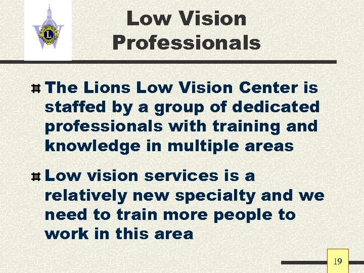 Low Vision Professionals The Lions Low Vision Center is staffed by a group of