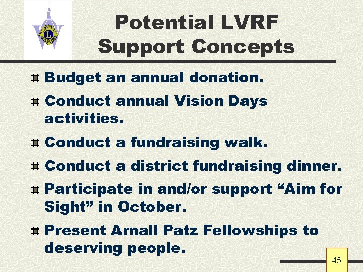 Potential LVRF Support Concepts Budget an annual donation. Conduct annual Vision Days activities. Conduct