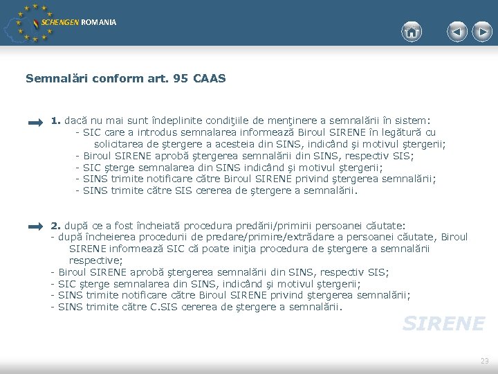 SCHENGEN ROMANIA Semnalări conform art. 95 CAAS 1. dacă nu mai sunt îndeplinite condiţiile