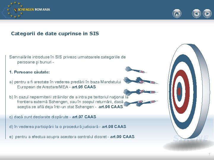 SCHENGEN ROMANIA Categorii de date cuprinse in SIS Semnalările introduse în SIS privesc urmatoarele