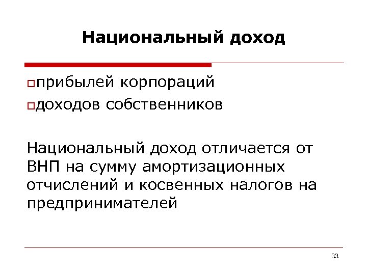 Национальный доход oприбылей корпораций oдоходов собственников Национальный доход отличается от ВНП на сумму амортизационных