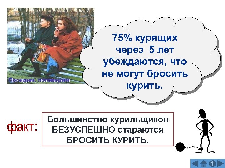 75% курящих через 5 лет убеждаются, что не могут бросить курить. Большинство курильщиков БЕЗУСПЕШНО