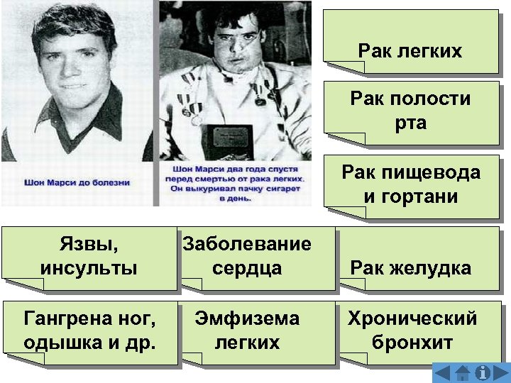 Рак легких Рак полости рта Рак пищевода и гортани Язвы, инсульты Заболевание сердца Рак