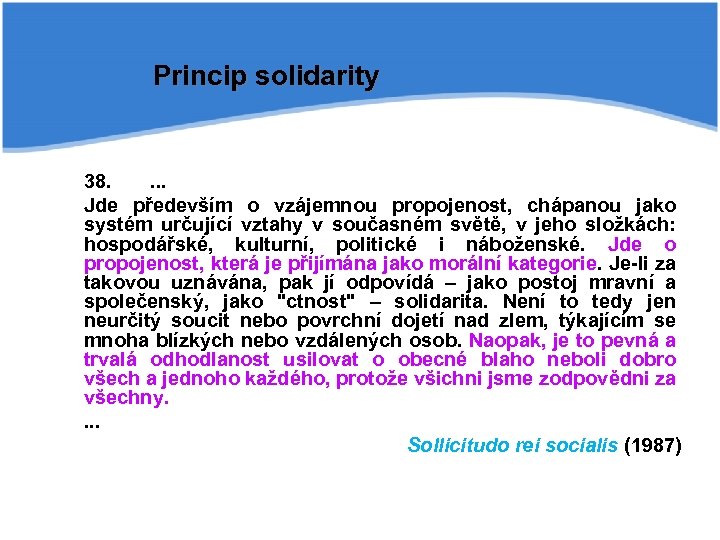 Princip solidarity 38. . Jde především o vzájemnou propojenost, chápanou jako systém určující vztahy