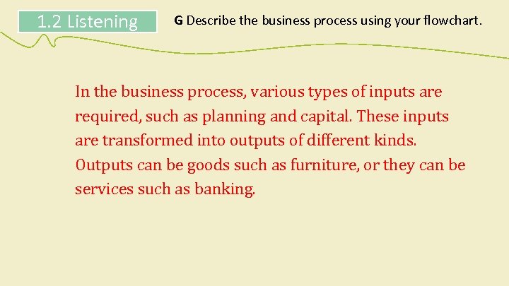 1. 2 Listening G Describe the business process using your flowchart. In the business