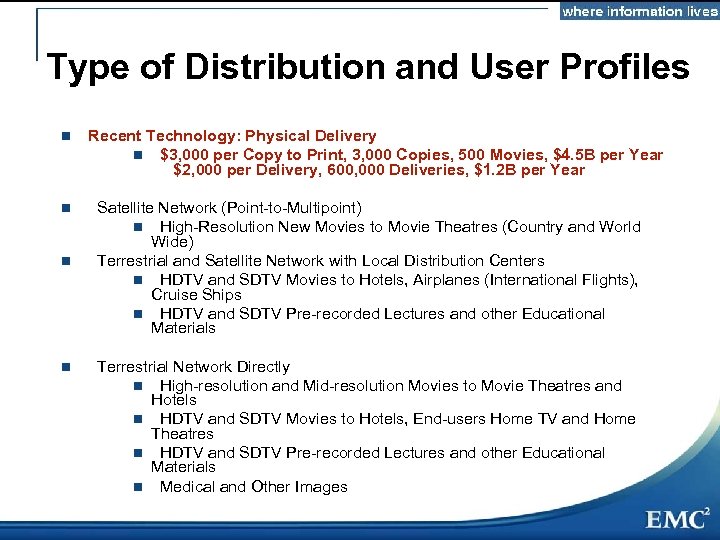 Type of Distribution and User Profiles n n Recent Technology: Physical Delivery n $3,
