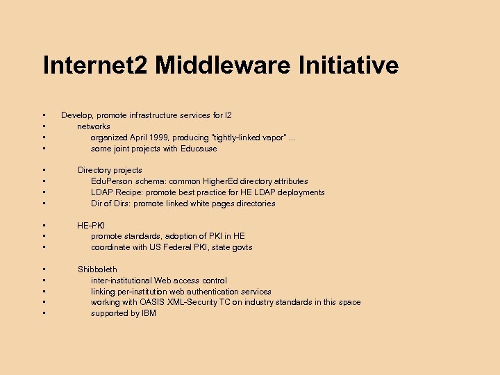 Internet 2 Middleware Initiative • • Develop, promote infrastructure services for I 2 networks