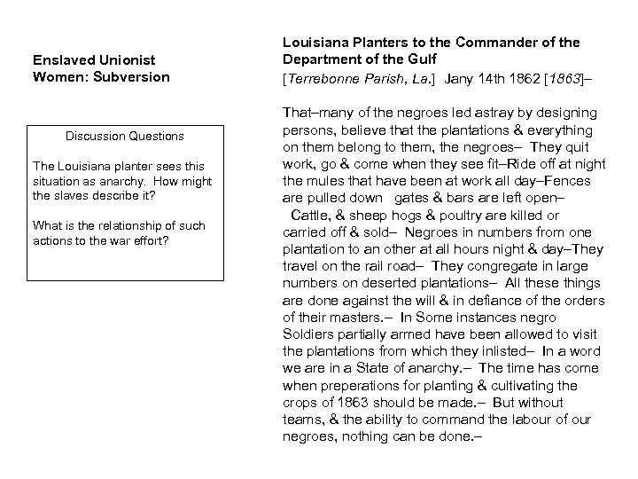 Enslaved Unionist Women: Subversion Discussion Questions The Louisiana planter sees this situation as anarchy.