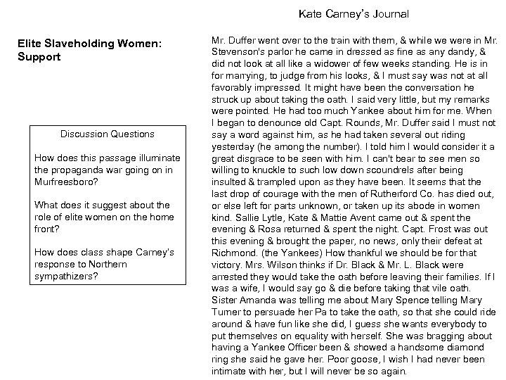 Kate Carney’s Journal Elite Slaveholding Women: Support Discussion Questions How does this passage illuminate